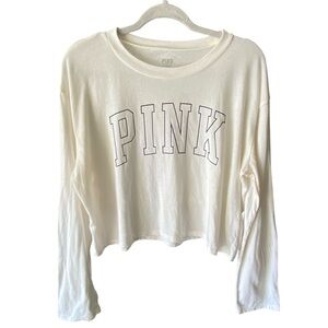 Victorias Secret PINK Ivory Cropped Long Sleeve Logo T Shirt Womens Size Large